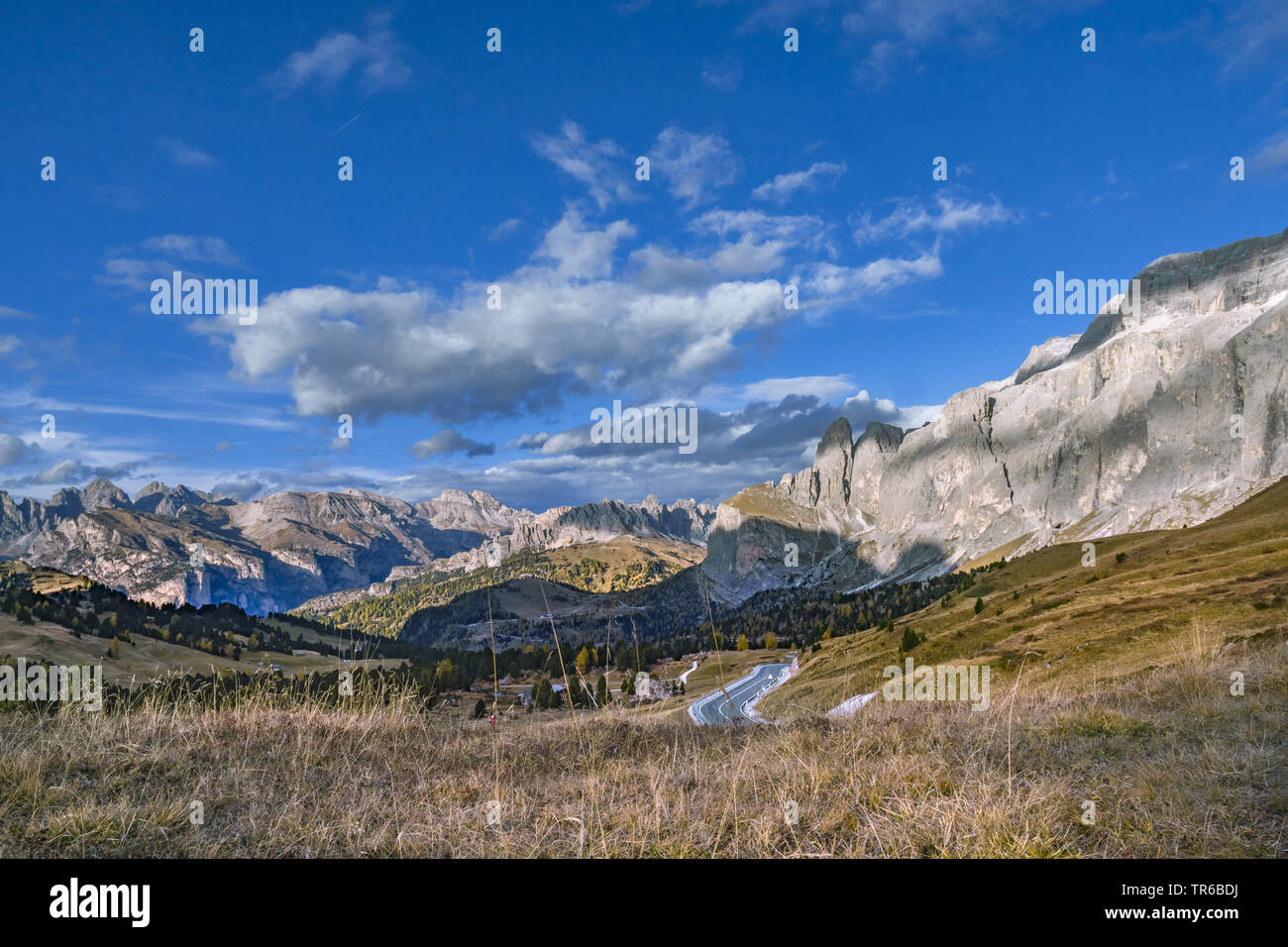 Blick vom Sellajoch, Grödnerjoch, Italien, Südtirol, Dolomiten Stockfoto
