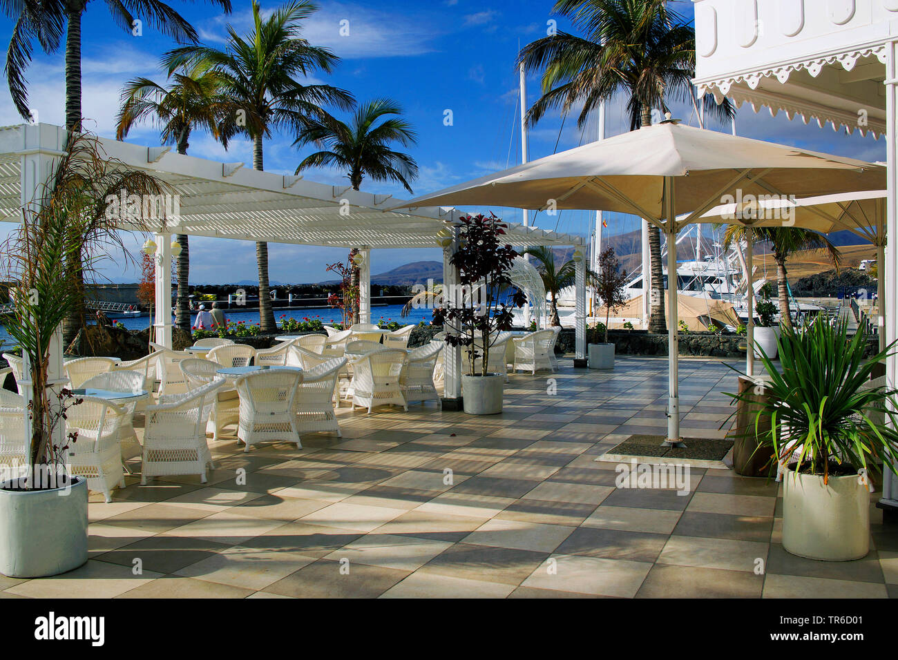 Wayside Restaurant in der Nähe des Hafens, Kanarische Inseln, Lanzarote, Puerto Calero Stockfoto