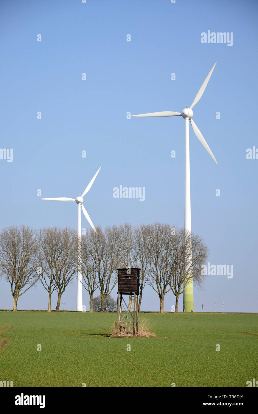 Feld Landschaft mit Ansitz, Baum Zeile und wind Räder im Frühjahr, Deutschland, Nordrhein-Westfalen Stockfoto