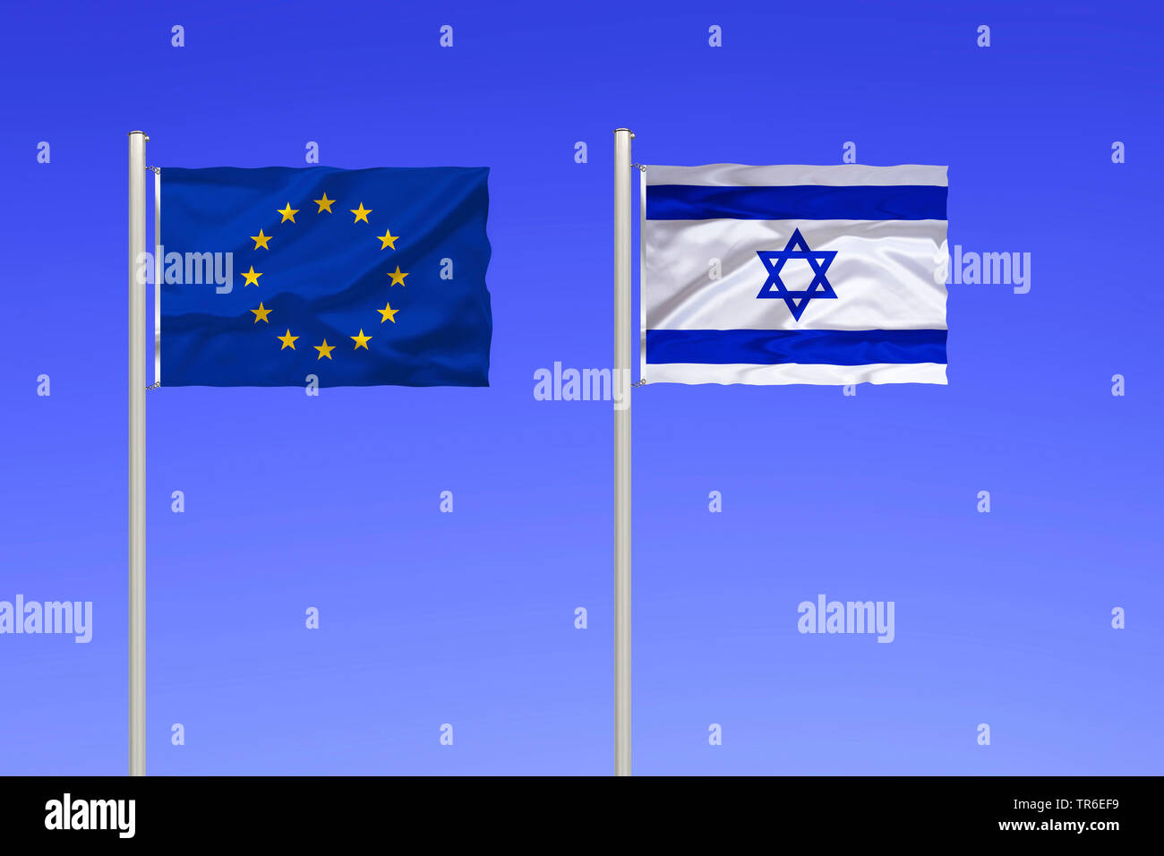 Flagge von Europa und Israel gegen den blauen Himmel, Israel Stockfoto