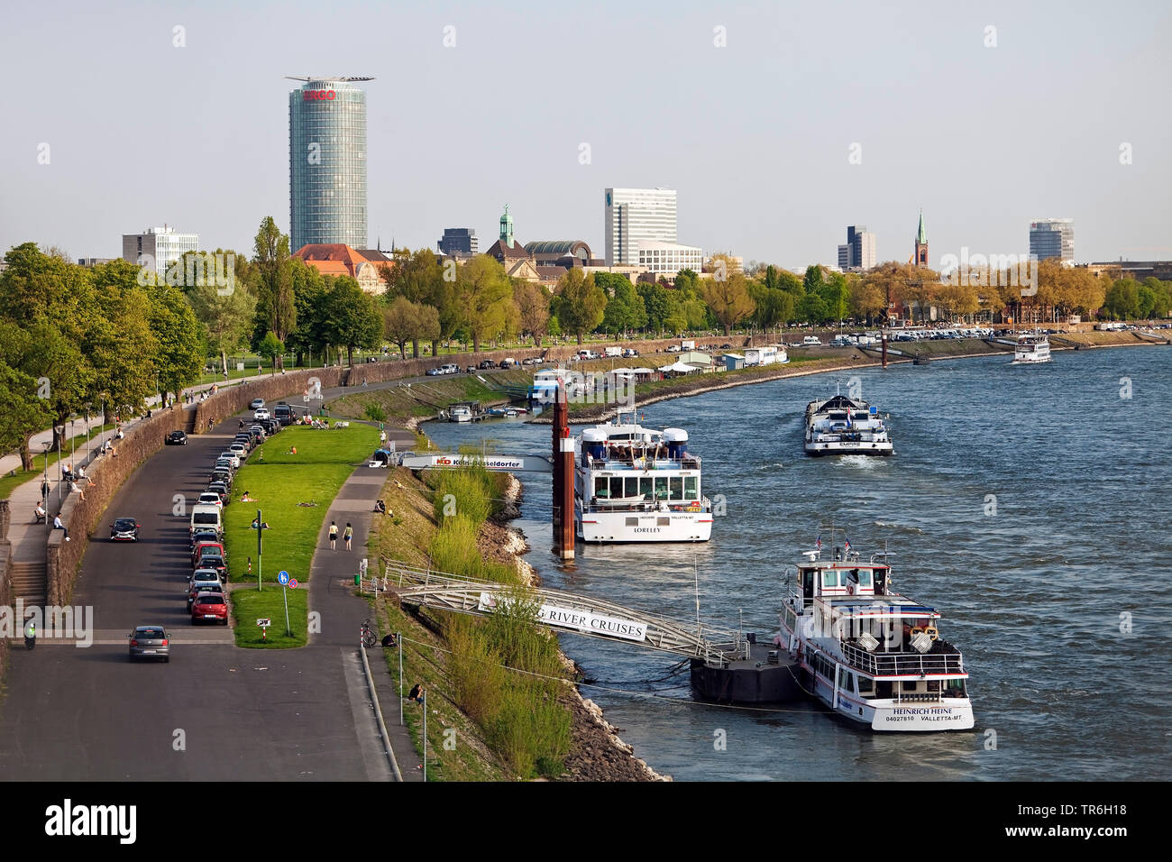 Rhein bei Golzheim, Ergo Turm im Hintergrund, Deutschland, Nordrhein-Westfalen, Niederrhein, Düsseldorf Stockfoto