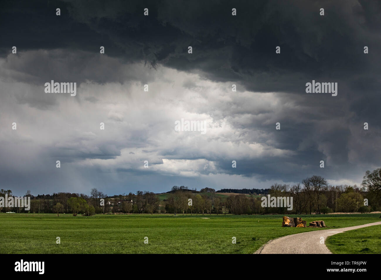 Nähert sich Gewitter im Frühling, Deutschland, Bayern, Isental Stockfoto