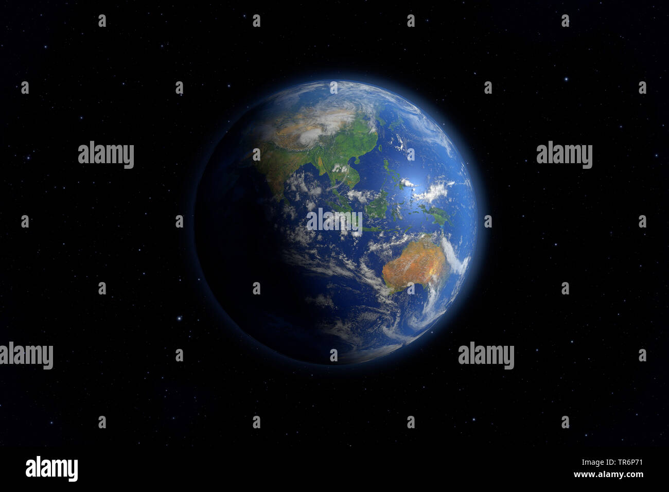 Blick auf die Erde aus dem Weltraum, Asien und Australien, virtuelle Welten, Computer Grafik Stockfoto
