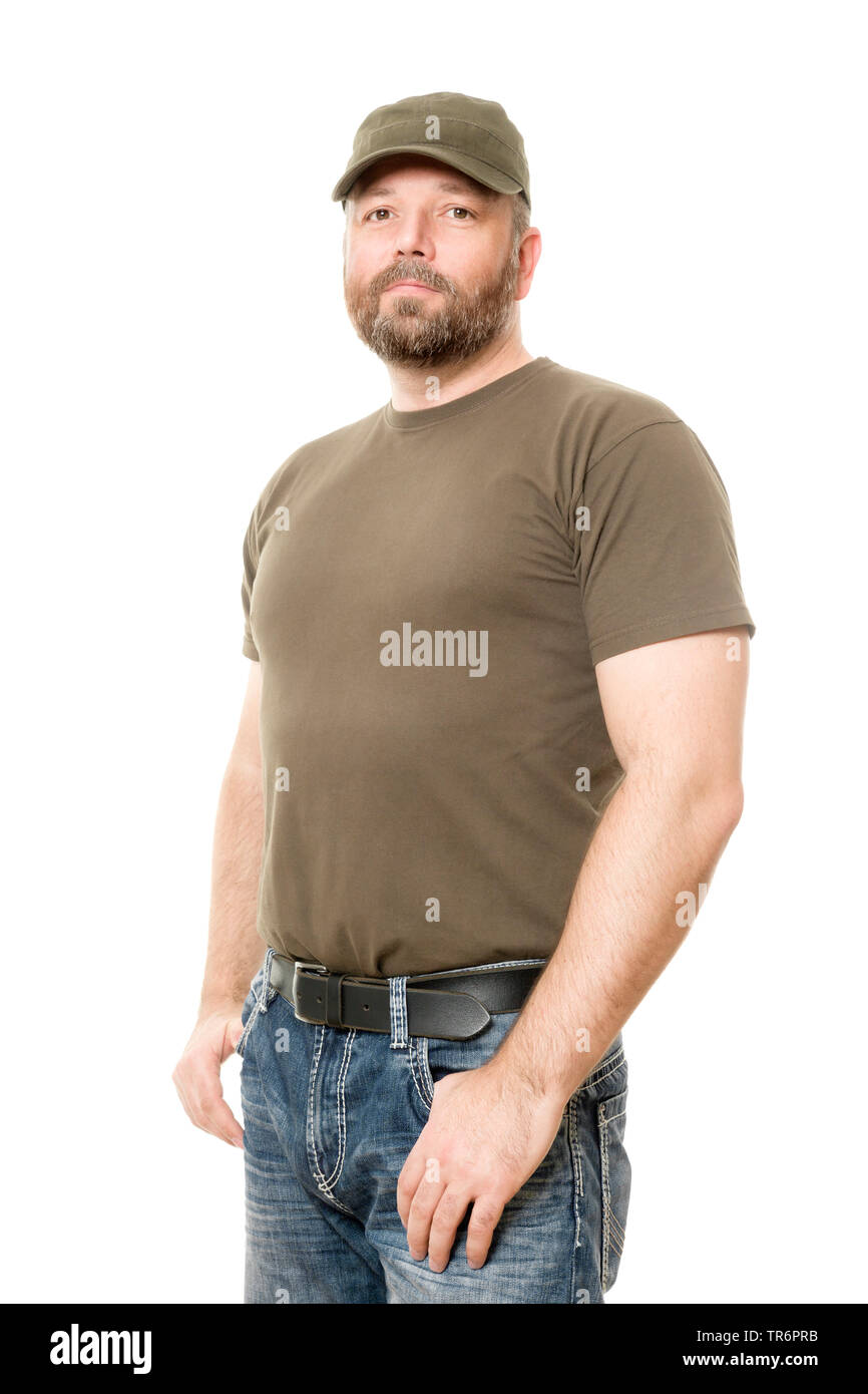 Mann mit Bart und Glatze mit Händen in den Hosentaschen, Deutschland Stockfoto