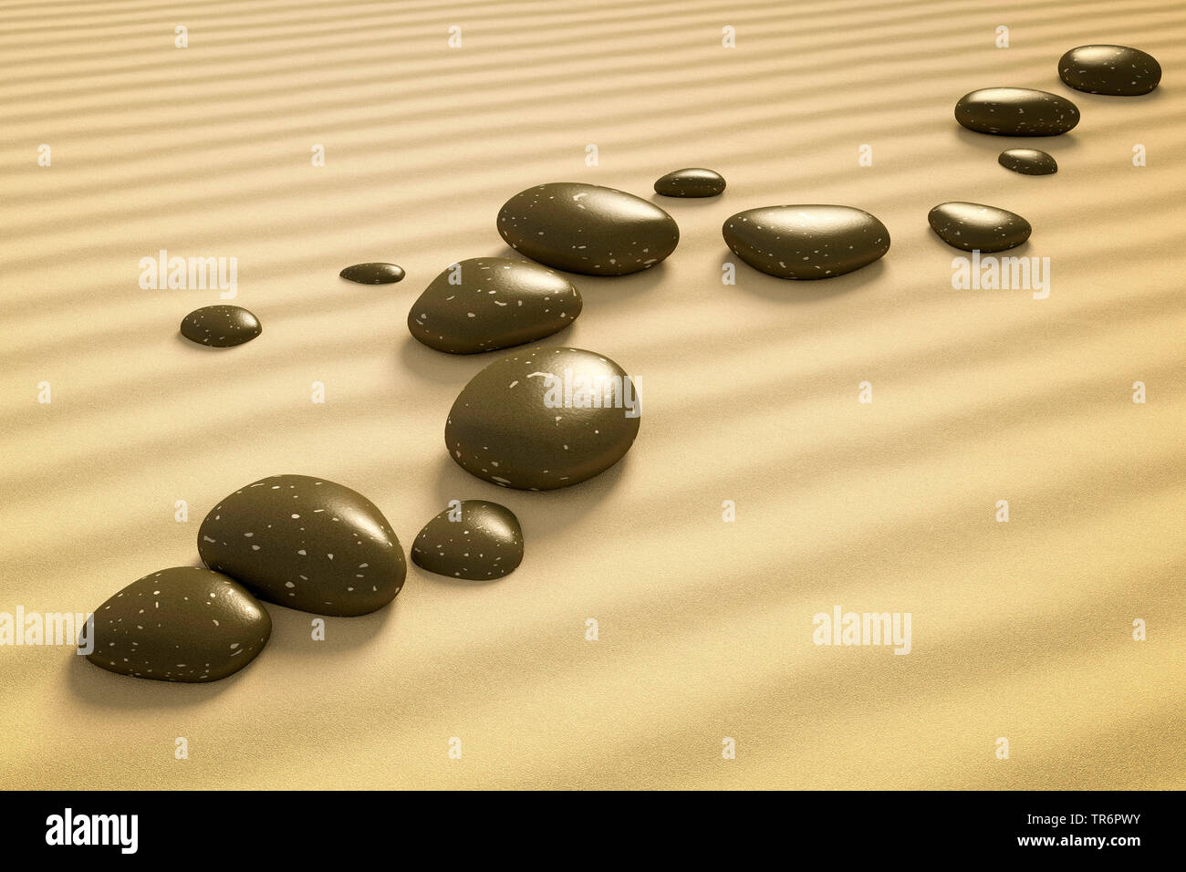 Schwarze Steine in einer Linie auf Sand, Computer Graphik Stockfoto