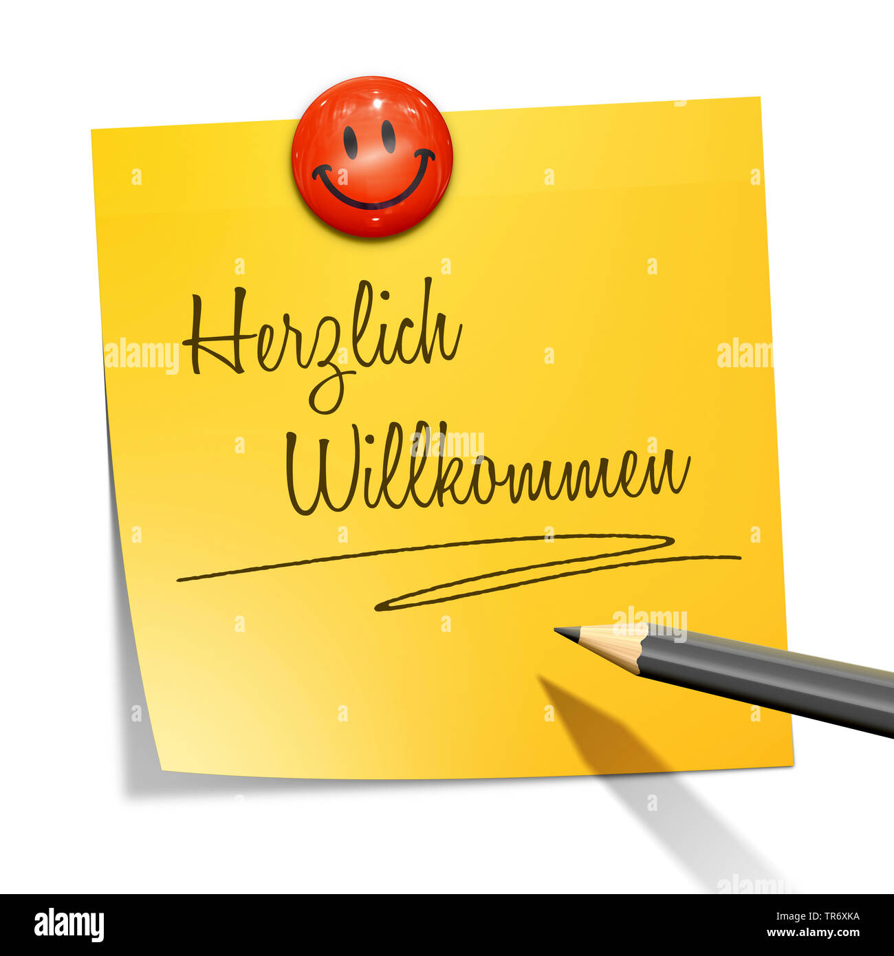 3D Computer Grafik, Memo in der Farbe Gelb mit Smiley lesen HERZLICH WILLKOMMEN Stockfoto