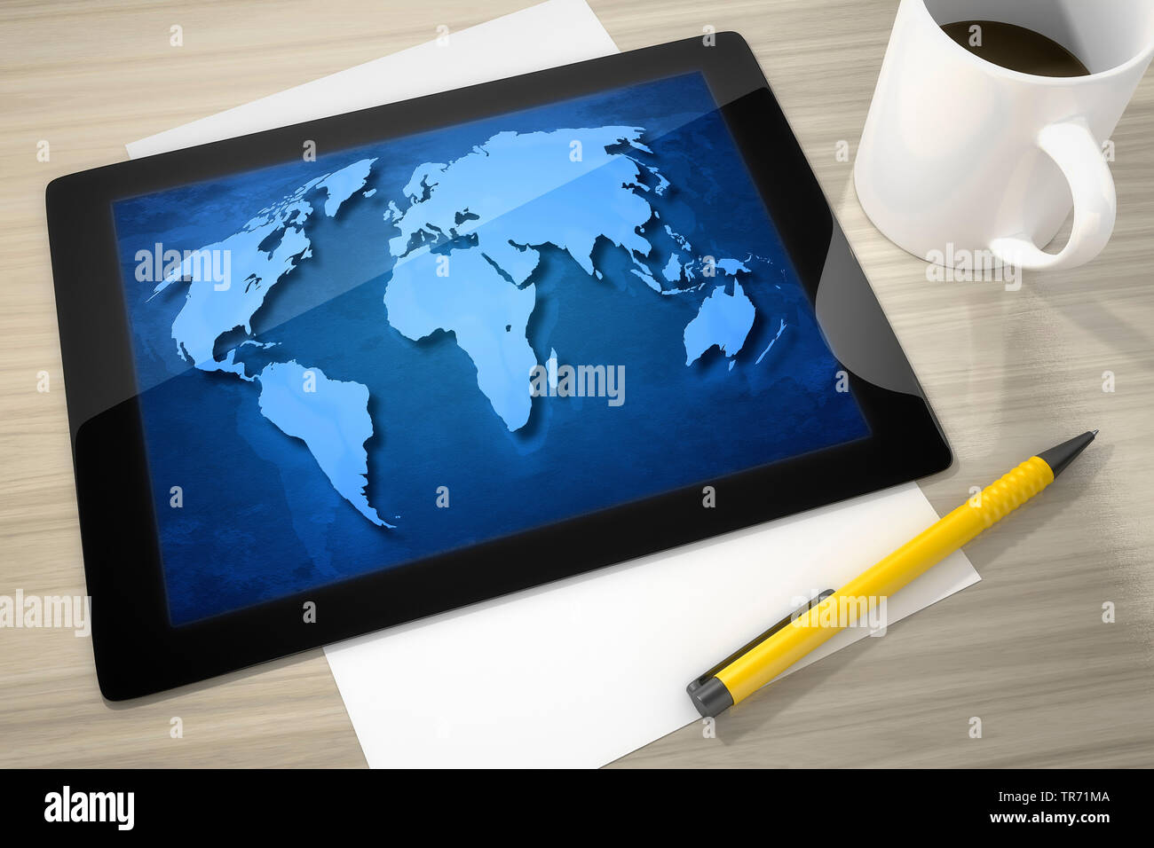 3D Computer Grafik, Tablet Computer zeigt eine Weltkarte auf der Anzeige Stockfoto