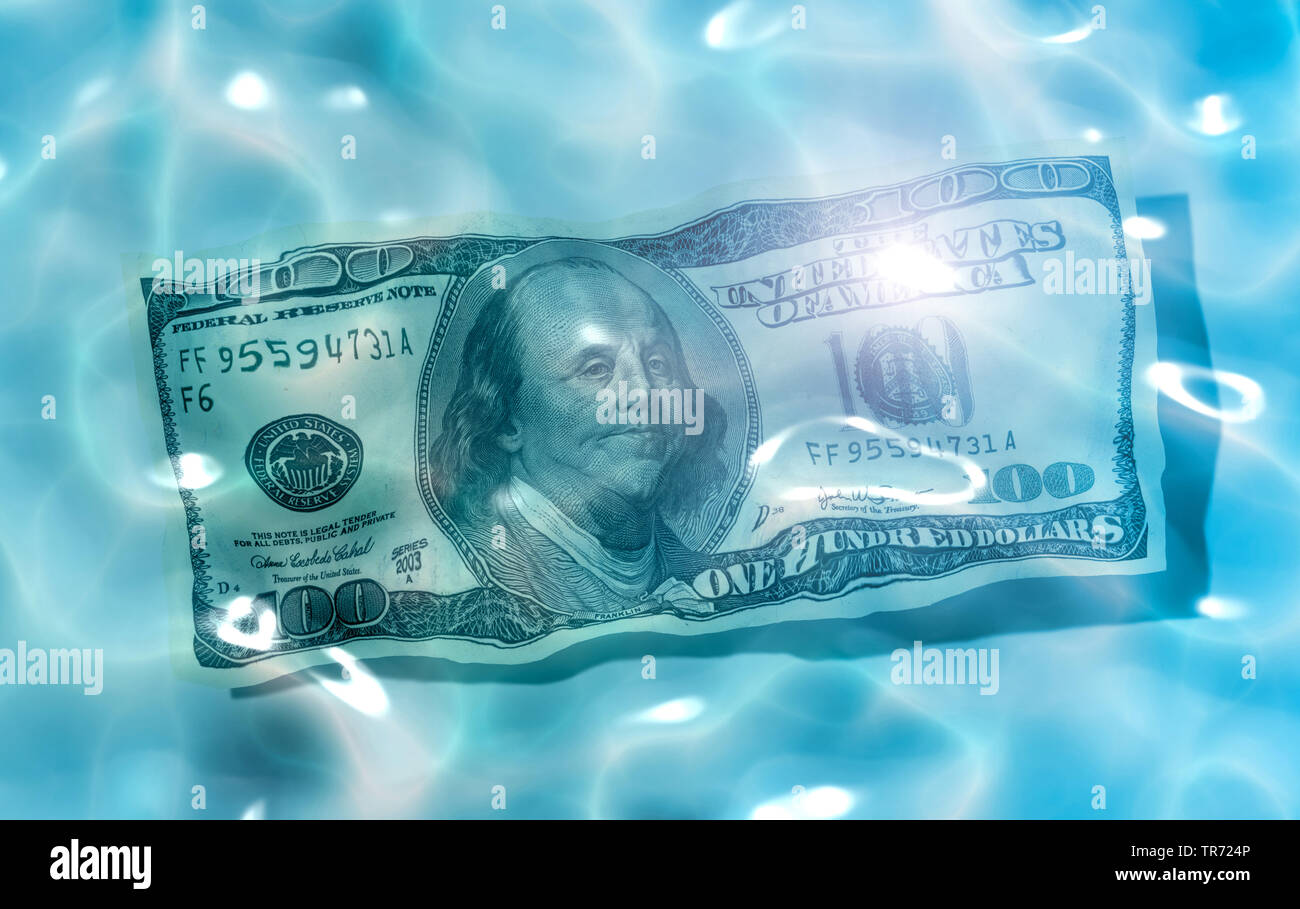 3D Computer Grafik, 100 Dollar Bill auf der Unterseite eines Pool angezeigt Stockfoto