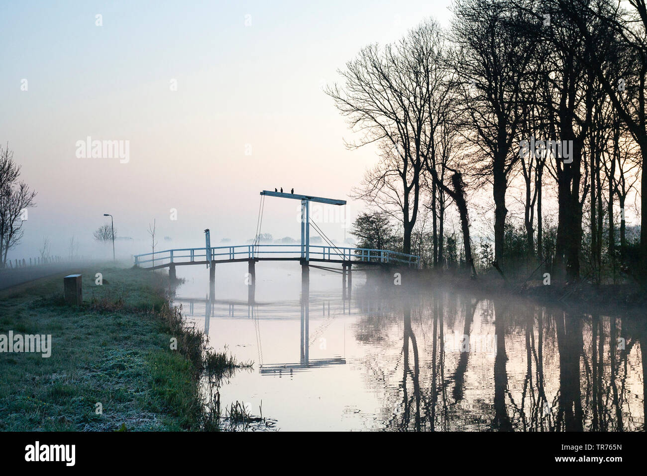 Anheben der Brücke in einer nebligen Landschaft in Ouderkerk, Niederlande, Nördliche Niederlande, Ouderkerk Stockfoto