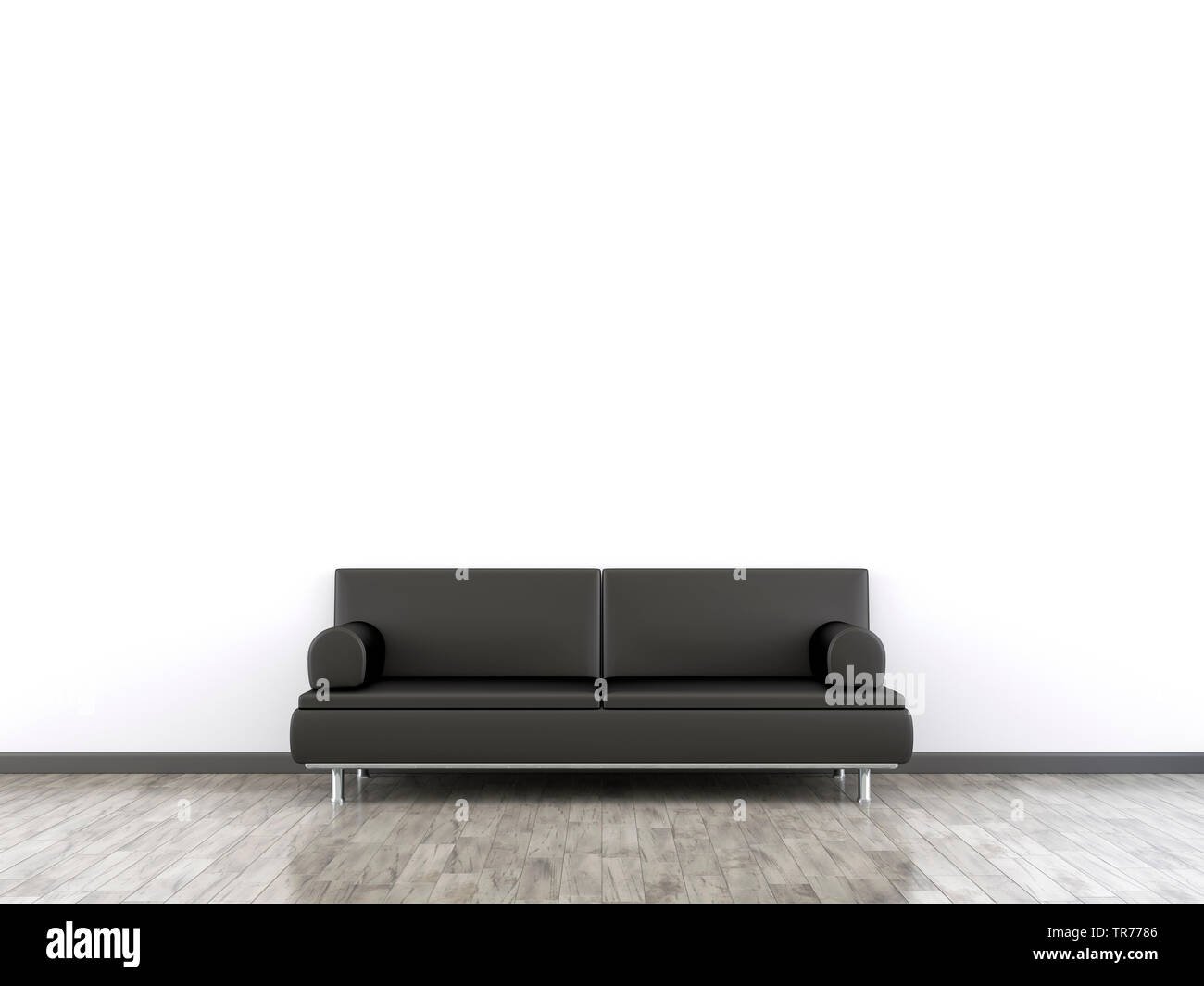 3D Computer Grafik, Innenarchitektur mit leder Sofa in der Farbe schwarz gegen eine weiße Wand Stockfoto