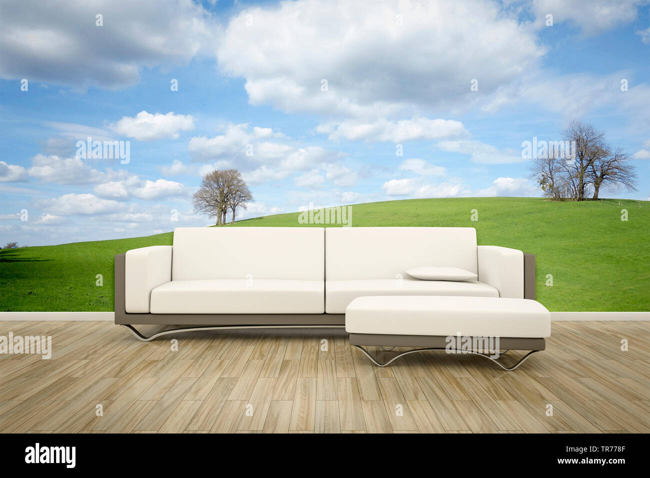 3D Computer Grafik, Innenarchitektur mit leder Sofa in der Farbe Weiß gegen eine fotografische Tapete mit Landschaft Motiv Stockfoto