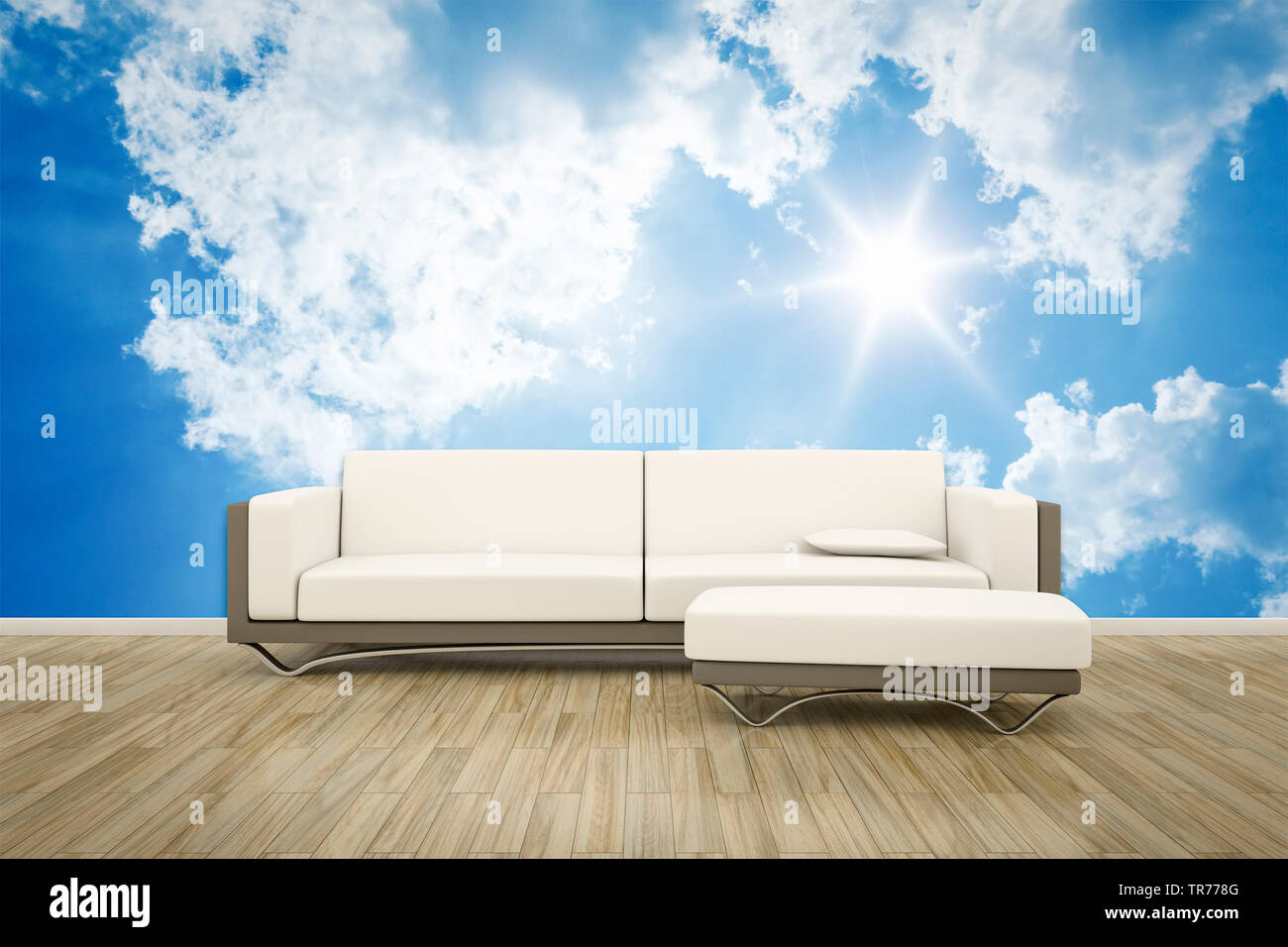 3D Computer Grafik, Innenarchitektur mit leder Sofa in der Farbe Weiß gegen eine fotografische Tapete mit Cloud Motiv Stockfoto