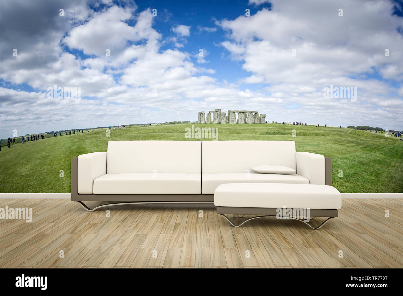 3D Computer Grafik, Innenarchitektur mit leder Sofa in der Farbe Weiß gegen eine fotografische Tapete mit Landschaft Motiv Stockfoto