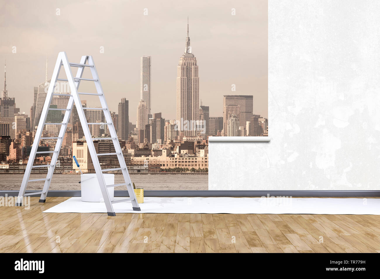 3D Computer Grafik, Renovierung mit Leiter und Farbeimer tapezieren eine fotografische wallpaper Stockfoto