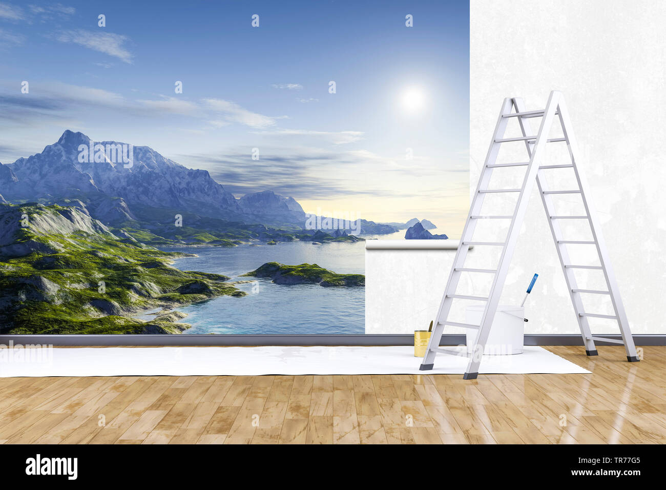 3D Computer Grafik, Renovierung mit Leiter und Farbeimer tapezieren eine fotografische wallpaper Stockfoto