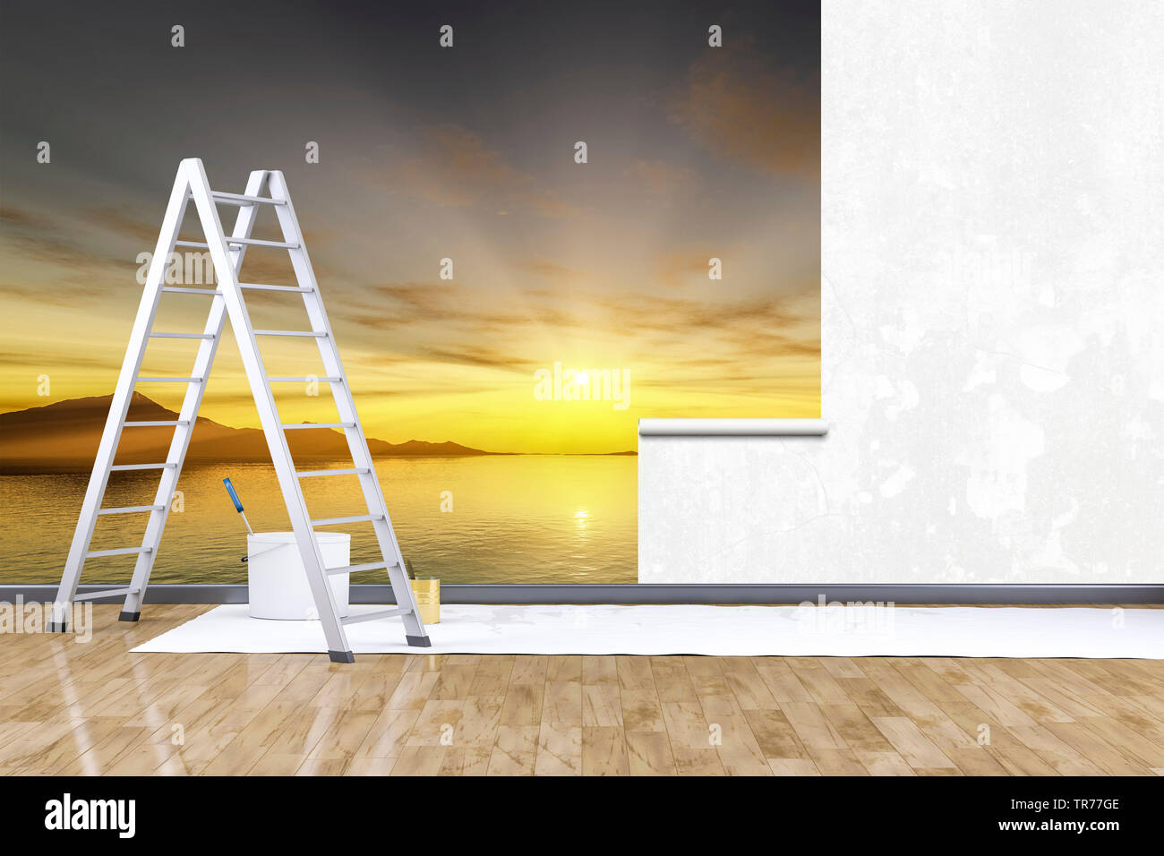 3D Computer Grafik, Renovierung mit Leiter und Farbeimer tapezieren eine fotografische wallpaper Stockfoto