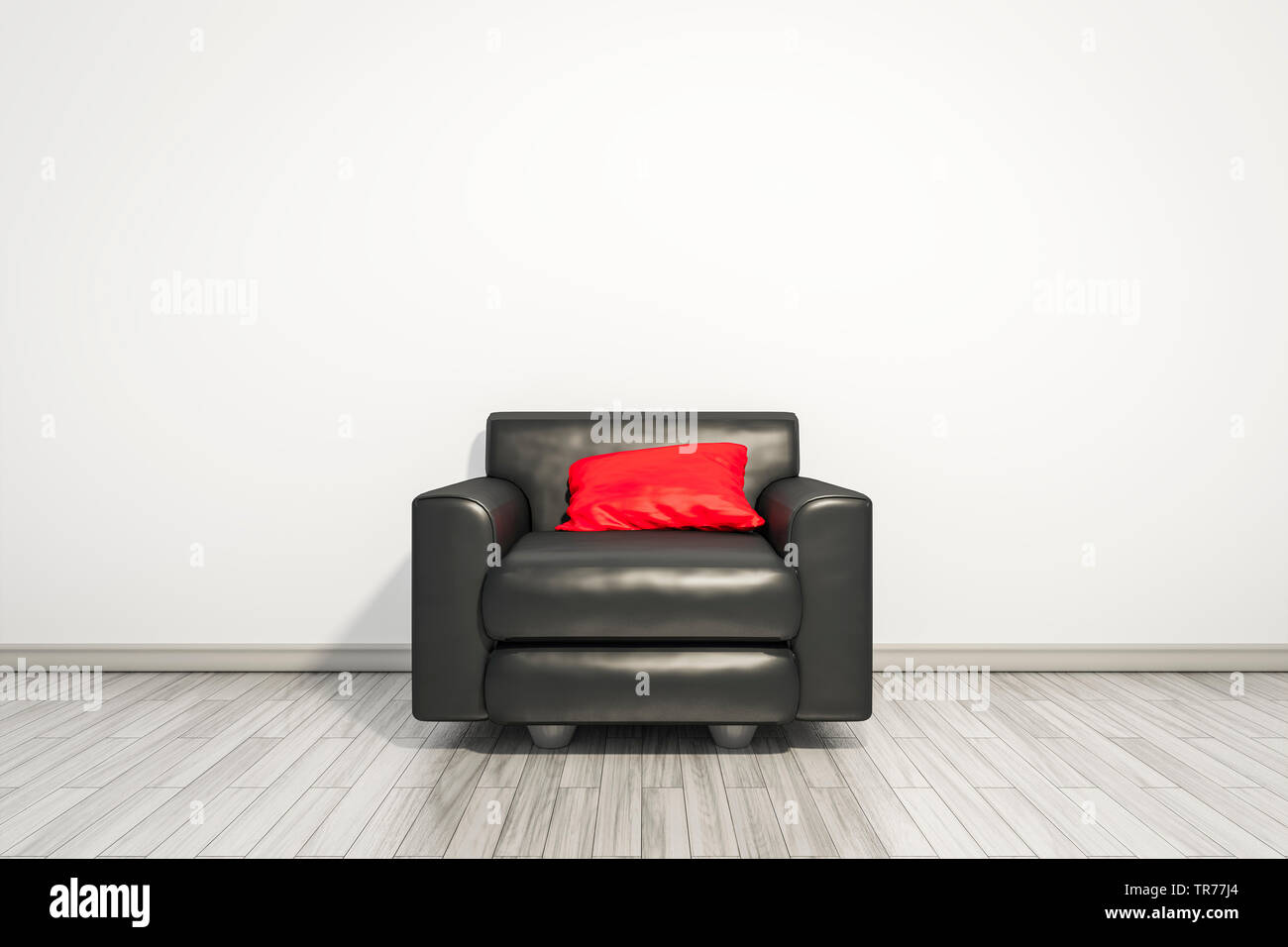 3D Computer Grafik, Innenarchitektur mit Sessel in brauner Farbe gegen eine weiße Wand Stockfoto