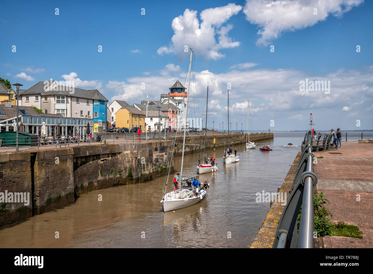 Portishead Marina, Yachten in Marina aus dem Fluss Severn via Eingang Schleusentore, North Somerset, Vereinigtes Königreich Stockfoto