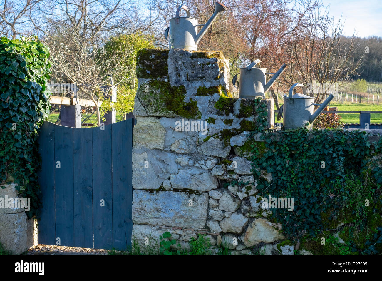 Alte Gießkannen auf Stein Wand im Französischen Garten Stockfoto