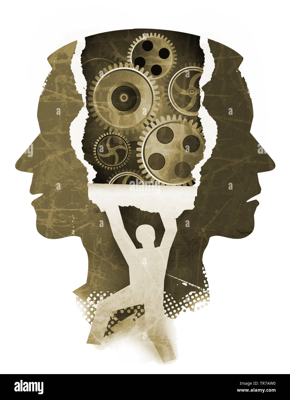 Chizophrenia psychiatrischen Untersuchung Konzept. Stilisierten männlichen Kopf Silhouetten und männlichen Silhouette ripping Papier Hintergrund mit Zahnrad. Stockfoto