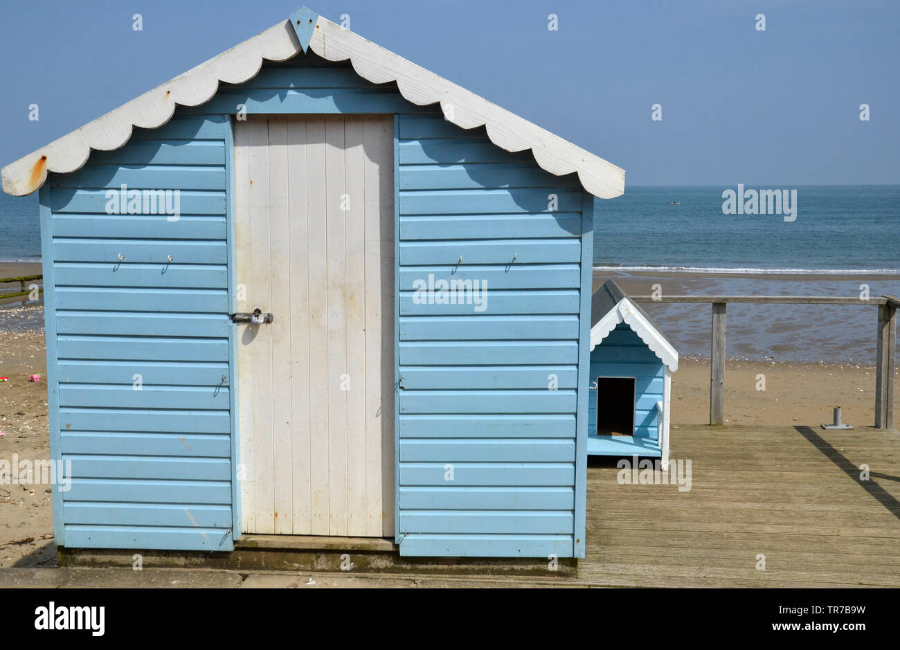 Eine Strandbude in Shanklin auf der Isle of Wight mit angrenzender Neuheit Hundehütte hut Stockfoto