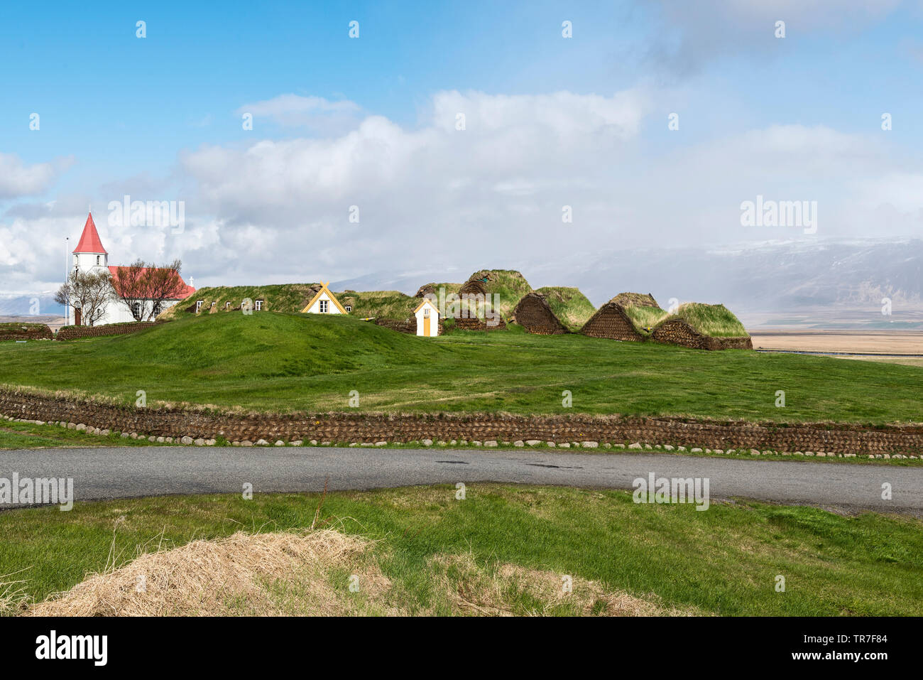 Erhalten 18 c und 19 c Turf farm Häuser in Glaumbaer Folk Museum, Skagafjörður, North Island Stockfoto