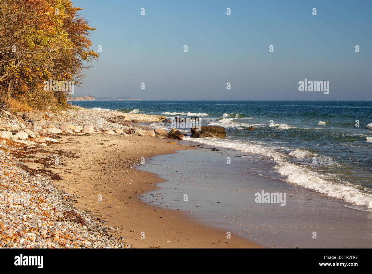 Einsame Ufer auf der dänischen Insel Moen einladend für entweder ein Abenteuer oder absolute Ruhe Stockfoto