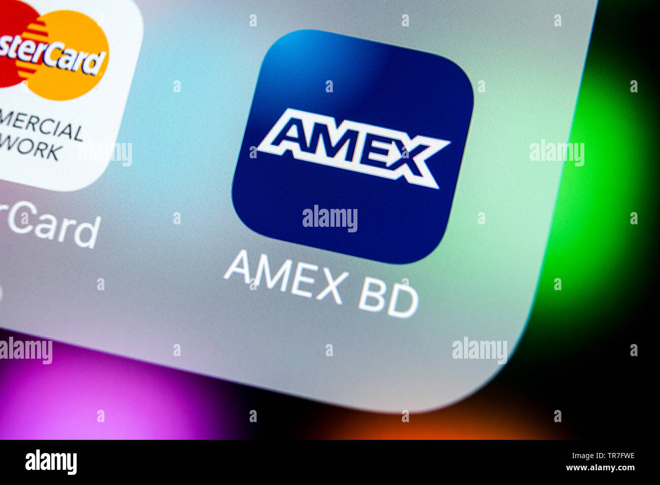 Sankt-Petersburg, Russland, 22. März 2018: Amex Symbol auf Apple iPhone X Bildschirm des Smartphones. American Express App Symbol. Amex ist ein Ein Stockfoto