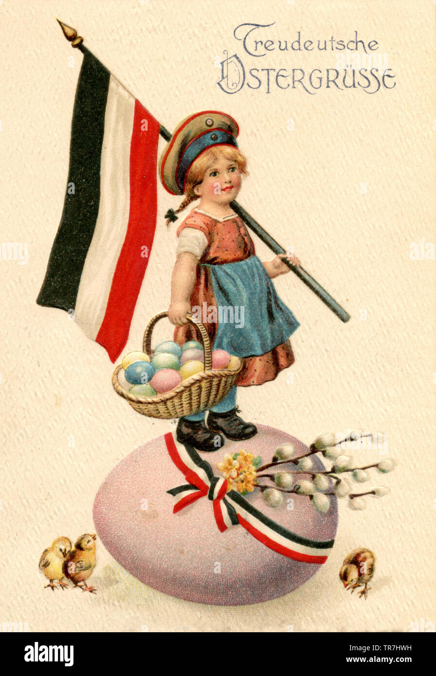 'Treuen deutschen Ostergrüße" - Mädchen mit einem reichhaltigen Flagge auf ein Easter Egg, (Postkarte) Stockfoto