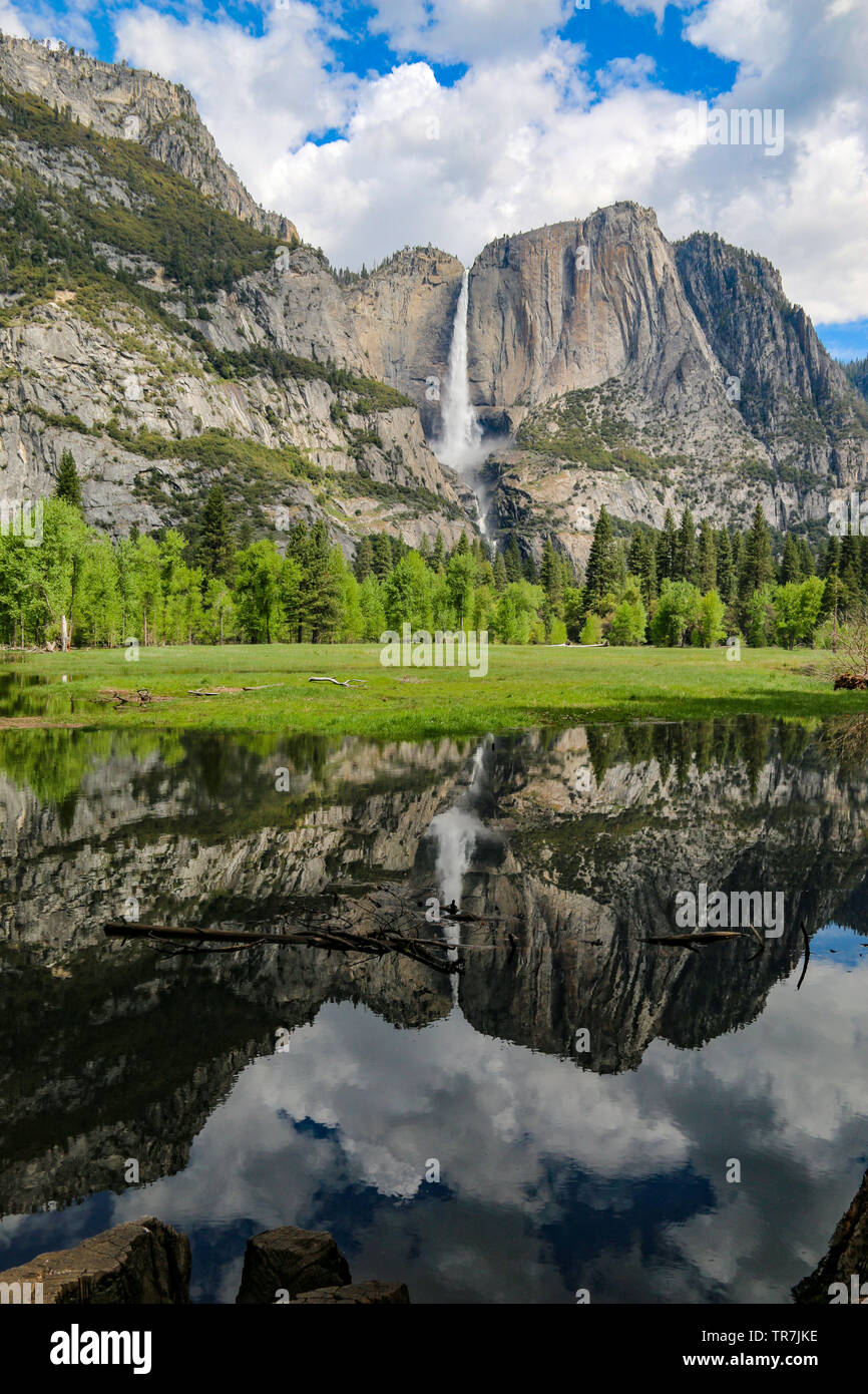 Donnernden Yosemite Falls mit perfekten Reflexion, Yosemite National Park, Kalifornien Stockfoto