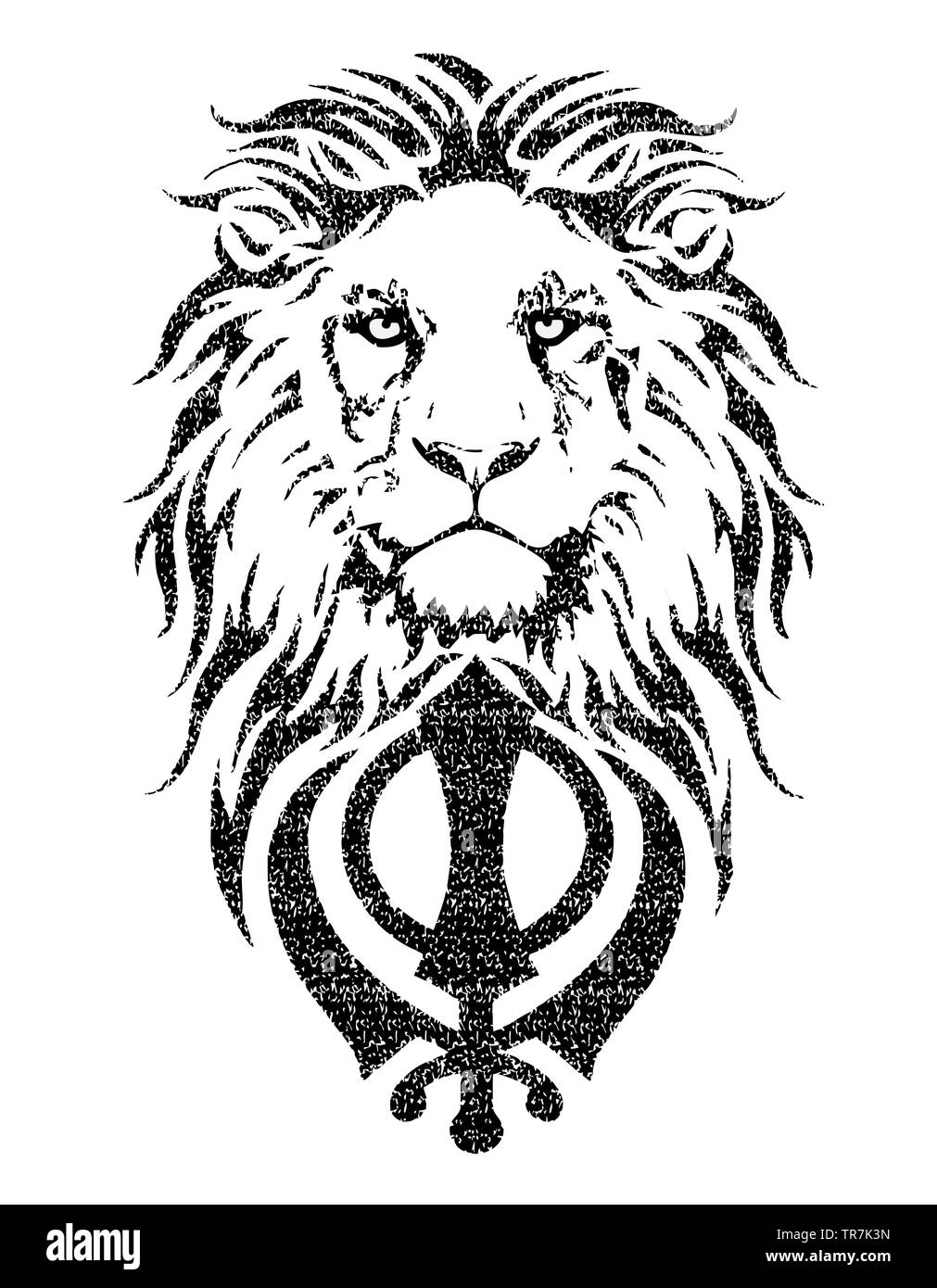 Khanda ist das wichtigste Symbol des Sikhismus, mit einem Löwen verziert mit langer Mähne, auf einem weißen Hintergrund, isoliert, Zeichnung für tattoo Stockfoto
