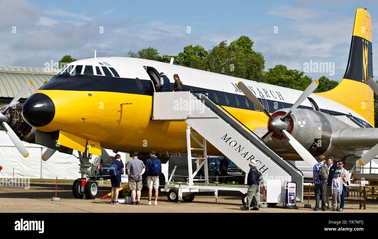 Britannia Modell 312 früher Fliegen für Monarch Airlines jetzt auf Anzeige im Imperial War Museum, Duxford Stockfoto