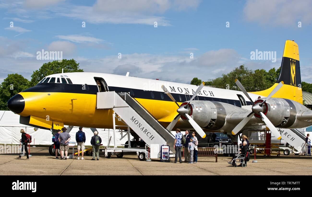 Britannia Modell 312 früher Fliegen für Monarch Airlines jetzt auf Anzeige im Imperial War Museum, Duxford Stockfoto