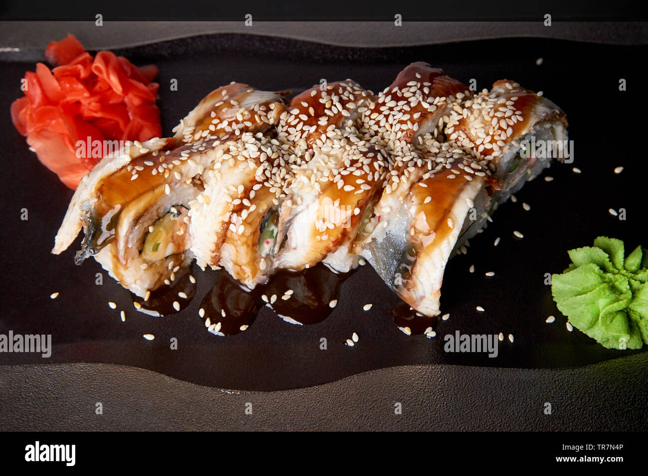 Sushi mit Wasabi und Ingwer. Stockfoto