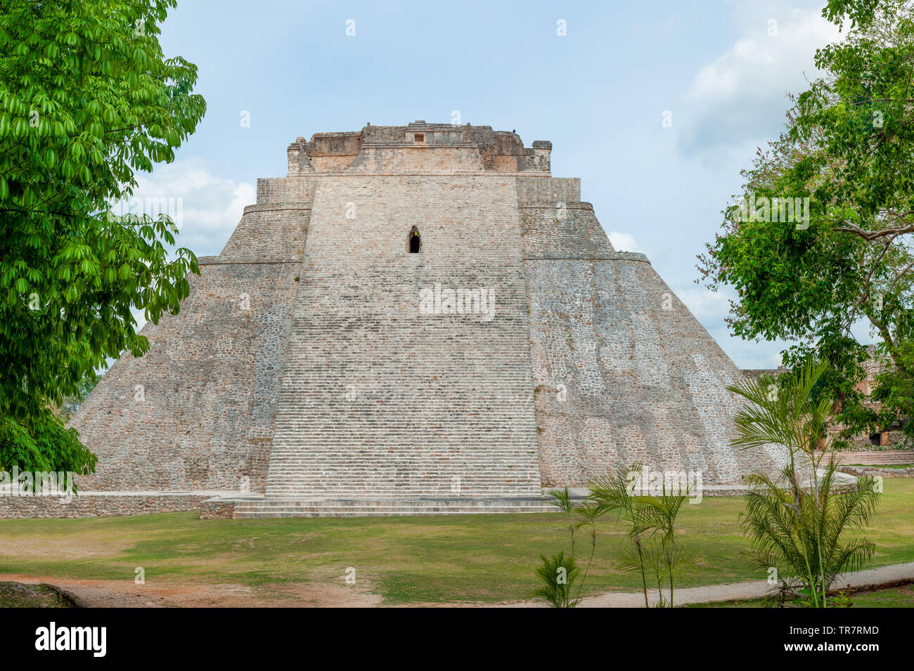 Vorderansicht des großen Maya Pyramide unter den Bäumen, die in der archäologischen Zone von Ek Balam, auf der Halbinsel Yucatan Stockfoto