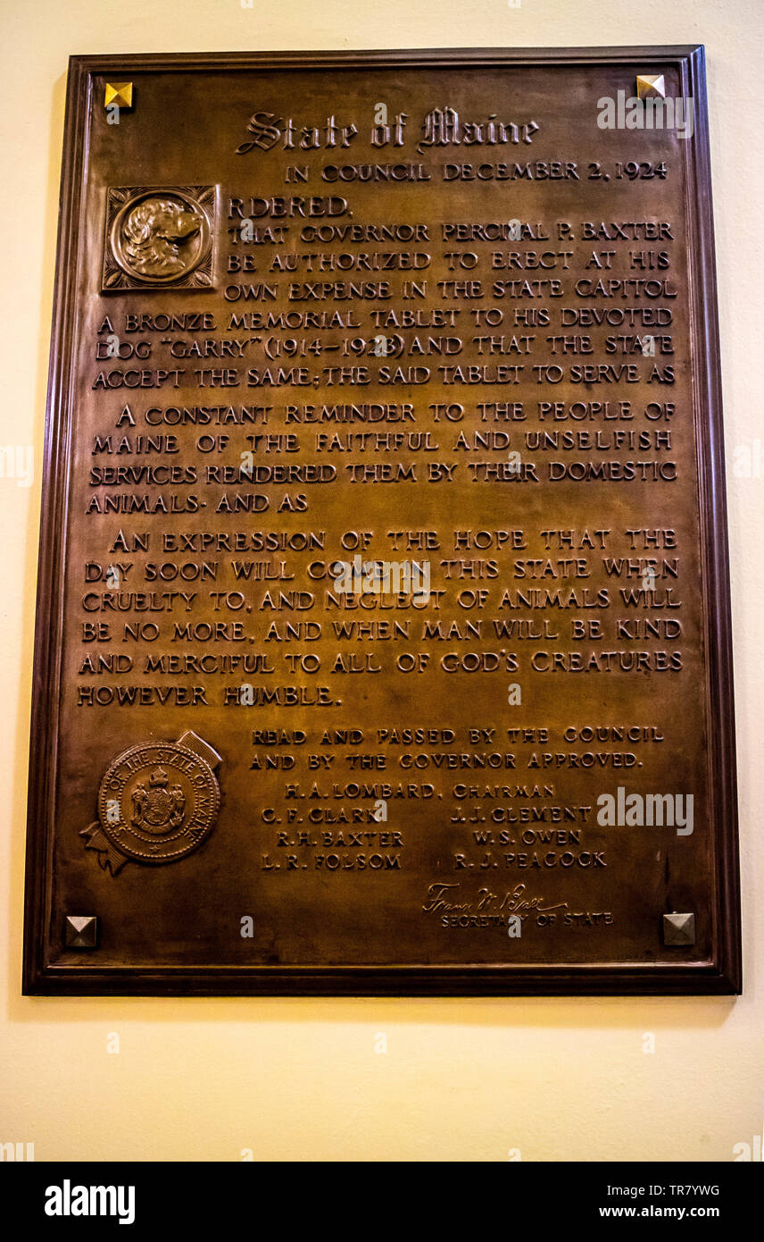 Augusta State Capital, ME, USA - August 8, 2018: Der Bundesstaat Maine Stein Marker Stockfoto