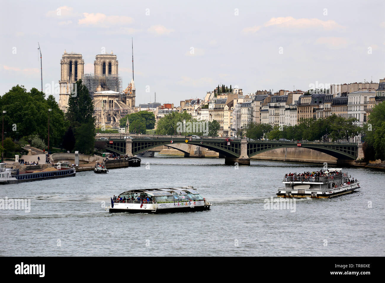 Sportboote reisen entlang der Seine mit Notre Dame Kathedrale sichtbar im Hintergrund in Paris. Stockfoto