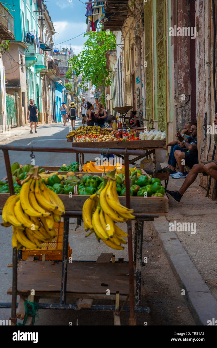 Obst und Gemüse Stall in einem der alten historischen Straßen der Altstadt von Havanna (Havanna Vieja), Kuba, Karibik Stockfoto