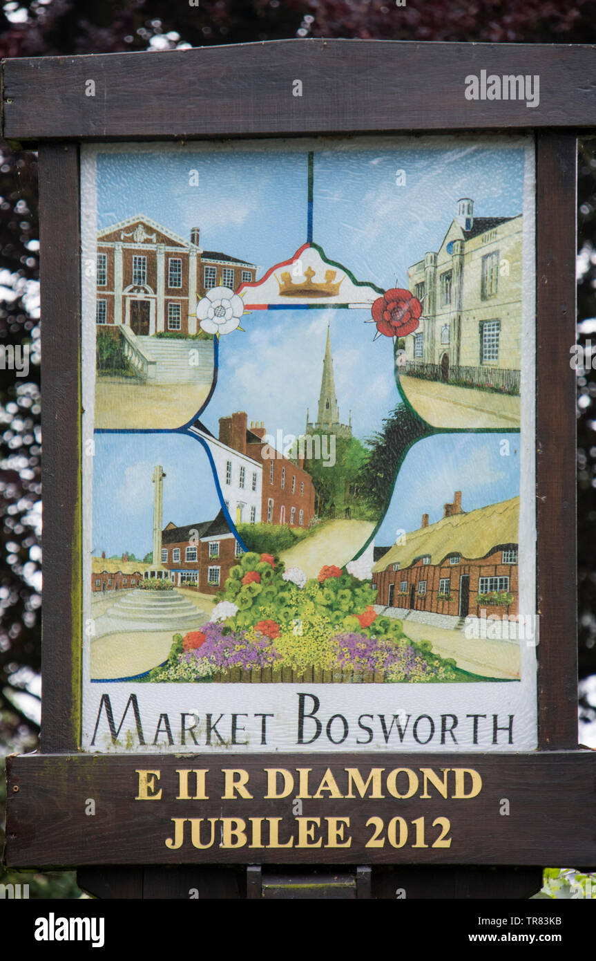 Ortsschild in Market Bosworth, Leicestershire, England Großbritannien Stockfoto
