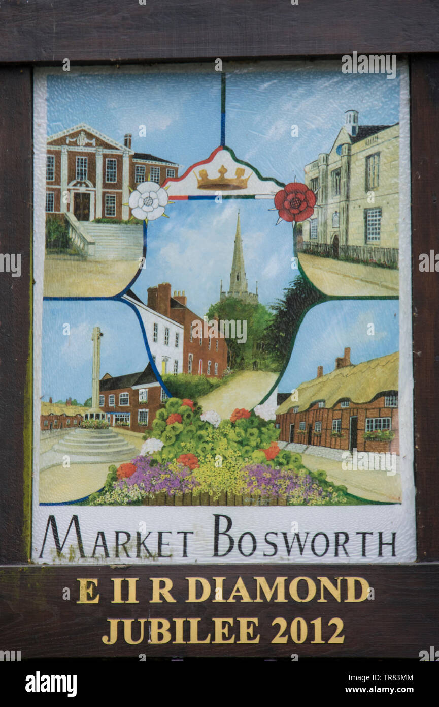 Ortsschild in Market Bosworth, Leicestershire, England Großbritannien Stockfoto