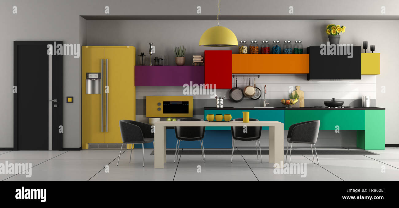 Farbenfrohe, moderne Küche mit Esstisch, schwarze Stühle und geschlossene Tür - 3D-Rendering Stockfoto
