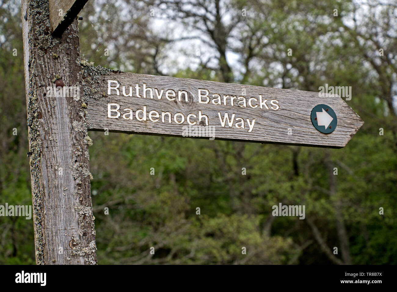 Bandeoch Weise Wegweiser nach Ruthven Barracks, von historischen Schottland gehört, in der Nähe von Kingussie in Cairngorm National Park, Schottland, Großbritannien. Stockfoto