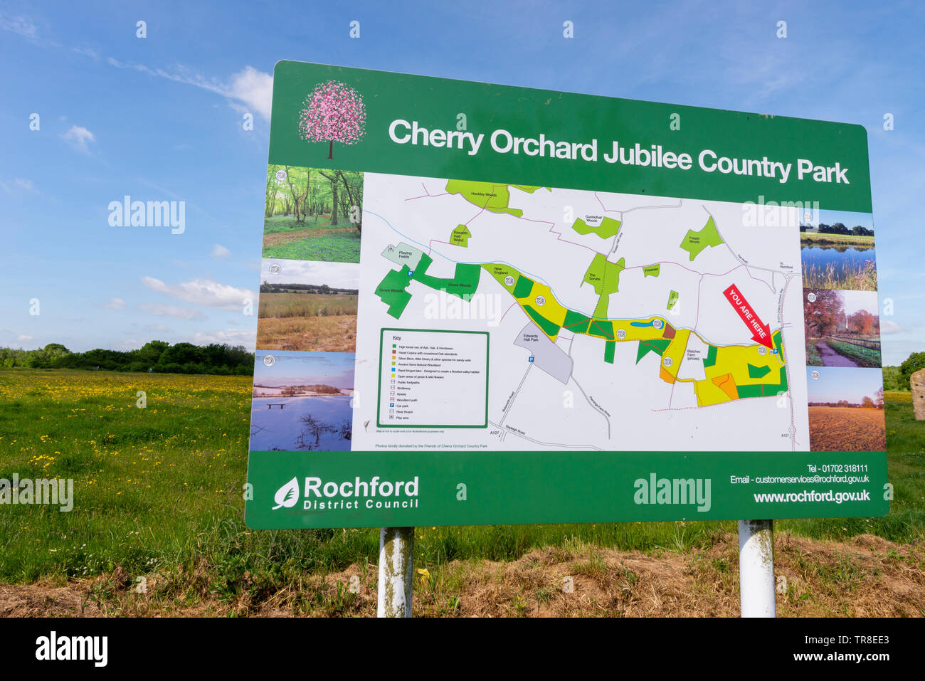 Karte Layout board aus Cherry Orchard Jubiläum Country Park, Rochford Country Park, Southend, Essex, Großbritannien. Wildlife Park in Roach Tal. Wiese, Felder Stockfoto