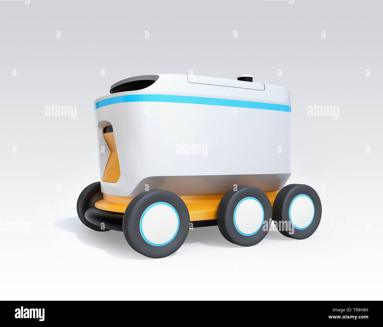 Selbstfahrer Lieferung Roboter auf weißem Hintergrund. 3D-Bild. Stockfoto