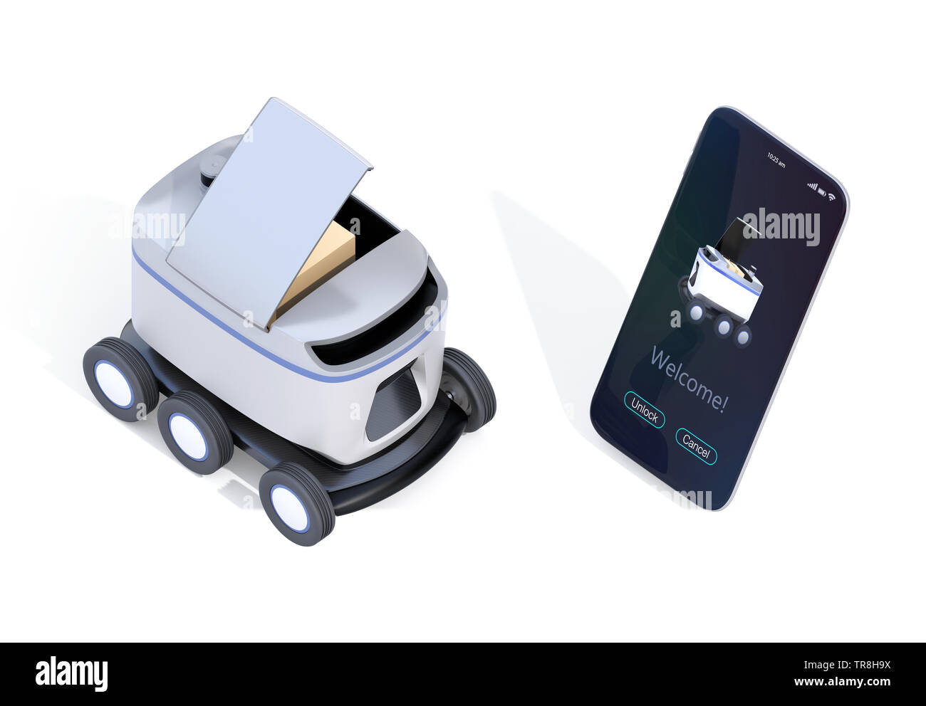 Selbstfahrer Lieferung Roboter mit Deckel für Pickup Paket geöffnet. Auf der rechten Seite angezeigt Lieferung apps Smartphone. 3D-Bild. Stockfoto