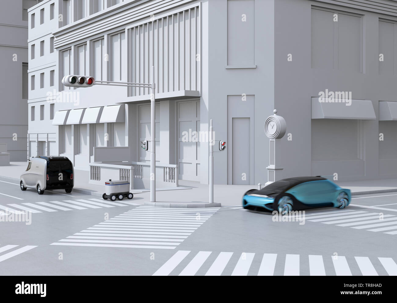 Selbstfahrer Lieferung Roboter bewegen am Straßenrand. Lieferung minivan vorbei an der Kreuzung. 3D-Bild. Stockfoto