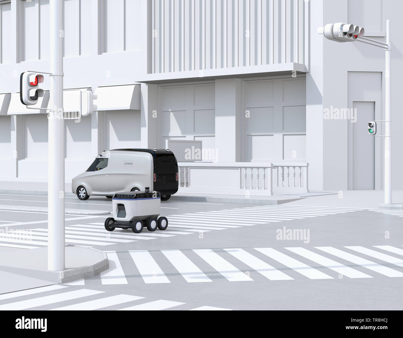Selbstfahrer Lieferung Roboter bewegen am Straßenrand. Lieferung minivan vorbei an der Kreuzung. 3D-Bild. Stockfoto
