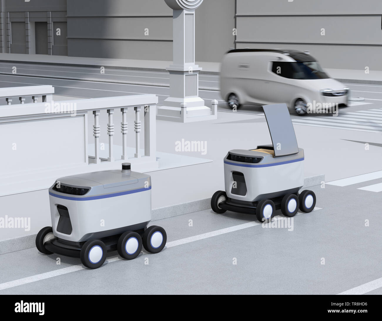 Selbstfahrer Lieferung Roboter bewegen am Straßenrand. Lieferung minivan vorbei an der Kreuzung. 3D-Bild. Stockfoto