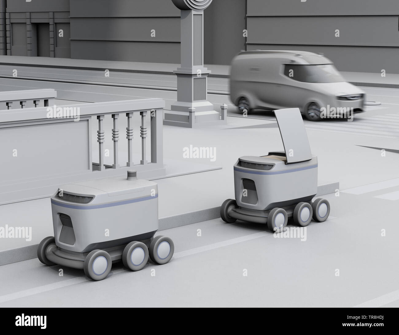 Ton Rendering von Selbstfahrer Lieferung Roboter und Lieferwagen auf der Straße. 3D-Bild. Stockfoto