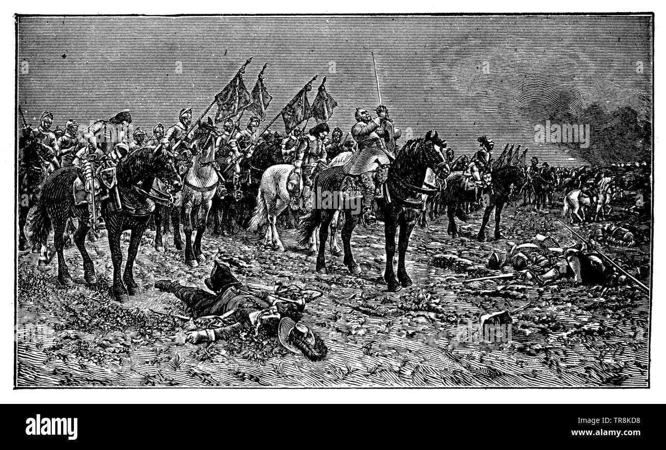 Gustav Adolf Gebet vor der Schlacht bei Lützen. Gemälde von L. Braun. Photography-Verlag von Franz Hanfstaengl, München.,, (Schulbuch, 1919) Stockfoto